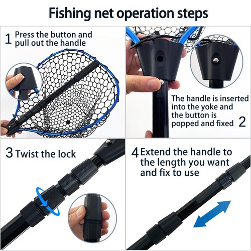 SEASPRO Telescoping Metal Lock Fishing Net Blue Aluminum Alloy Rubber Fish Net - Adjustable Length Lightweight Foldable Large Fishing Net with Handle Collapsible Extendable Fishing Accessories
