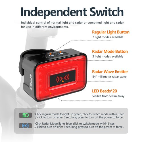 CYCLAMI Bike Tail Light Radar with 500m Smart Brake Warning Detection - IPX6 Waterproof USB Rechargeable Rear Safety Light Radar for Cycling, Auto-Brightness & Visual Alerts for Approaching Vehicles