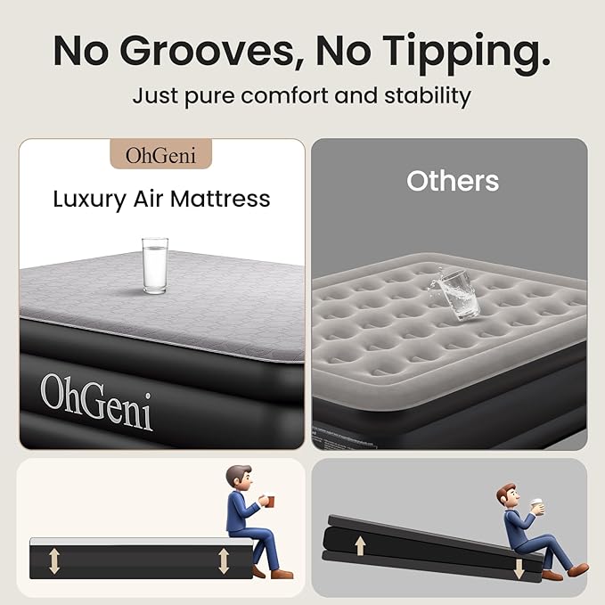 OhGeni 20" Luxury Queen Air Mattress with Built-in Pump, Inflatable Bed with Silk Foam Topper for Superior Comfort, Premium Blow-Up Mattress for Home, Camping & Guest, Easy Setup, Extra Support, Black