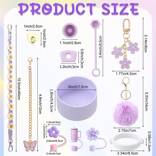 XLSXEXCL 14 Pcs Purple Cup Accessories Set for Stany,Including Water Bottle Handle Strap,Spill Stopper,Silicone Boot,Chapstick Holder,Charms for Stany,3 Pcs Silicone Straw Cover for Stany Cup