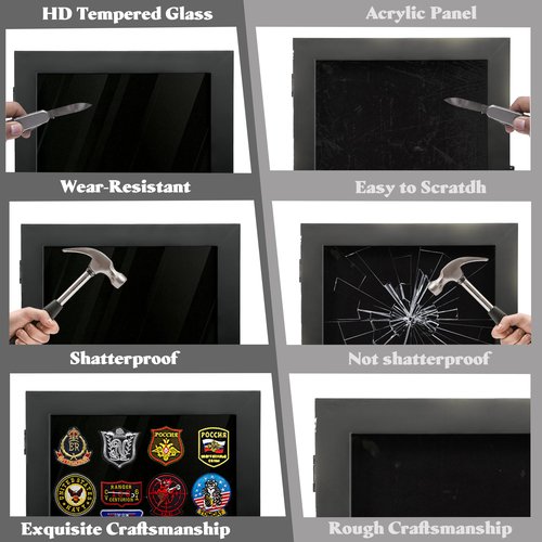 Pin Display Case, 11 x 14 Solid Wood Lapel Pin Display Box with HD Tempered Glass for Military Medal Badge Velcro Patch Board