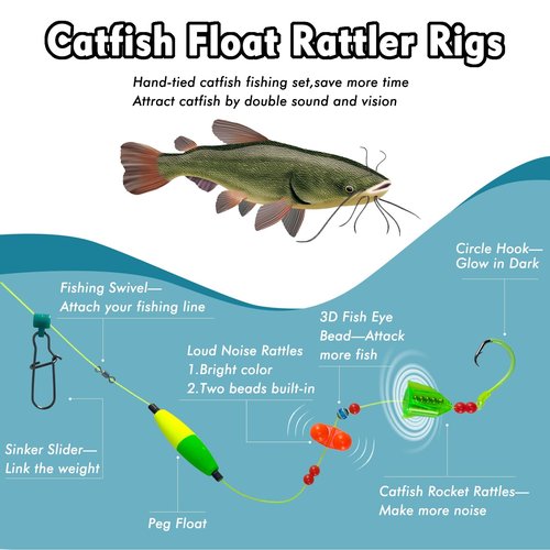Eupheng Catfish Float Rigs, Catfishing Tackle Floats with Rattler Beads Snaps, Colorful Santee Cooper Rigs for Catfish Fishing 5/0 6/0 8/0 Glow in Dark Circle Hooks(6PCS)