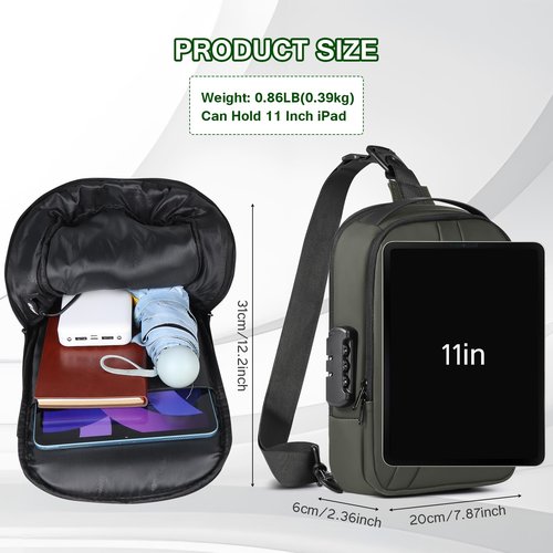 VALUEQLO Sling Bag for Men Anti Theft Crossbody Bag Sling Backpack with USB Charging Port for Travel (Army Green)