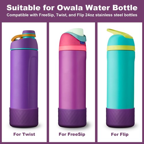 2PCS Silicone Water Bottle Boot for Owala 24oz, Protective Bottom Bumper Anti-Slip Sleeve for FreeSip, Twist, and Flip Stainless Steel Bottles, Dishwasher Safe and BPA Free(Dark Purple)