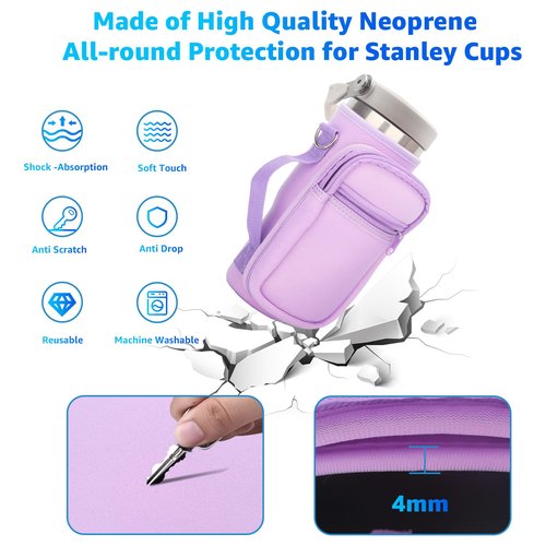 for Stanley Iceflow Flip Straw Tumbler 30 oz, Water Bottle Cup Holder Cover Carrier Sling Bag with Strap, Pouch Pocket for Phone / Accessories, add Handle for Stanley Flip Straw, Neoprene (Purple)