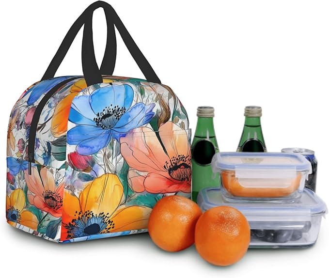 Watercolor Floral Insulated Lunch Box for Women Men, Colorful Leaf Flowers Reusable Lunch Tote Bags Thermal Cooler Lunch Bags for Office School Picnic Hiking