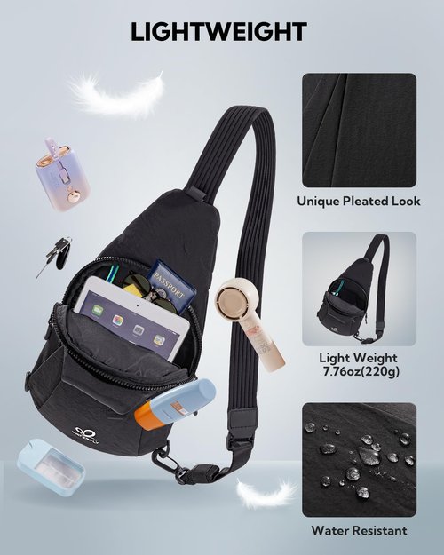 WATERFLY Small Crossbody Sling Bag: Lightweight Women Men Sling Backpack Stylish Casual Cross Body Bag Adjustable Straps Chest Bag Daypack for Shopping Hiking Travelling Black