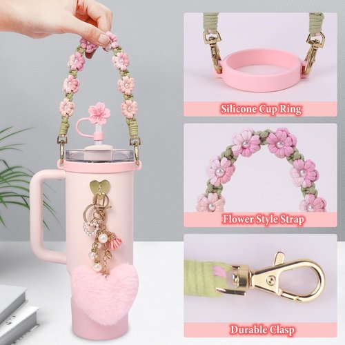VIQWYIC Water Bottle Accessories Set for Stanley Cup 30oz & 40oz Tumblers Includes Handle Strap, Silicone Boot, Straw Cover Cap, and Pearl Keychain Charms