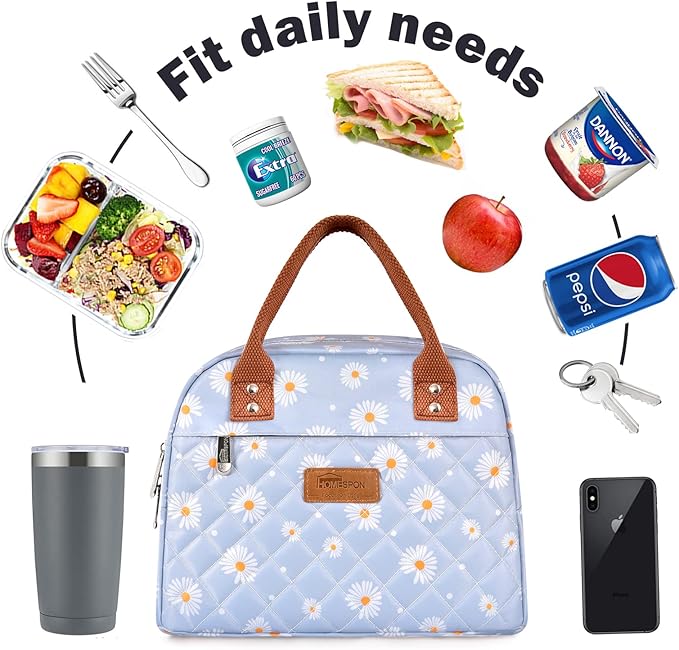 HOMESPON Insulated Lunch Bag for Women Men Adults Lunch Tote with Front Pocket Lunch Box Container Cooler Bag for Work Picnic (Blue Daisy)