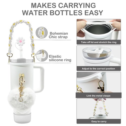 Stanley Tumbler Cup Accessories Set - 20oz, 30oz, 40oz With Silicone Straw Cover, Water Bottle Handle Strap, Charms, Silicone Cup Boot (White)