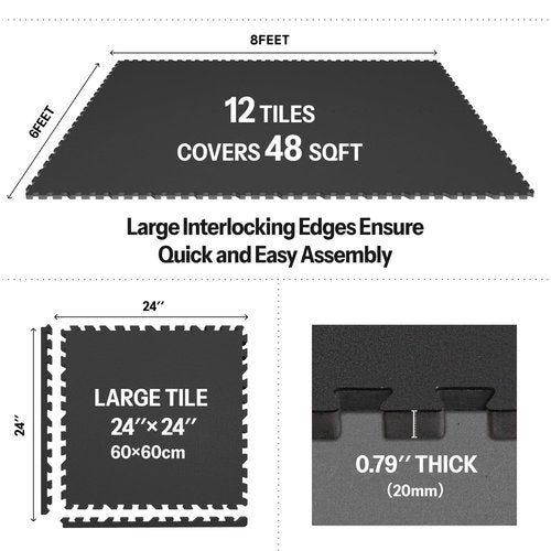AIRHOP 0.79in Thick 48 Sq Ft Exercise Equipment Mats, 12 Tiles Upgraded Rubber Top with High Density EVA Foam, Large Interlocking Puzzle Gym Flooring for Home Gym, Heavy Weight Workout,Black