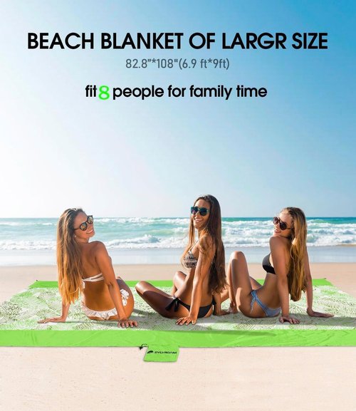 SYLVROAM Beach Blanket Waterproof, Sandproof Mat with Portable Bag for Picnic, Nylon Mat, Quick Drying, Lightweight with 4 Stakes & 3 Water Bags, Use as Children's Pool (Green)