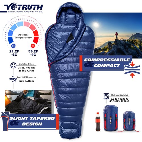 Yotruth Lightweight Down Mummy Sleeping Bag with 650-FP Duck Down, Ideal for Camping and Backpacking, Durable Ripstop Nylon, Comfortable Footbox, 20°F, 2024