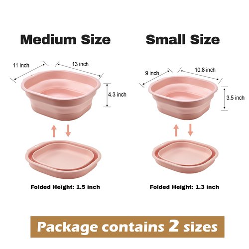 Daimix Collapsible Wash Basin Set of 2, Foldable Small Medium Size Wash Basin, Portable Plastic Basins for Laundry, Bottles, Travel, Camping (Pink)