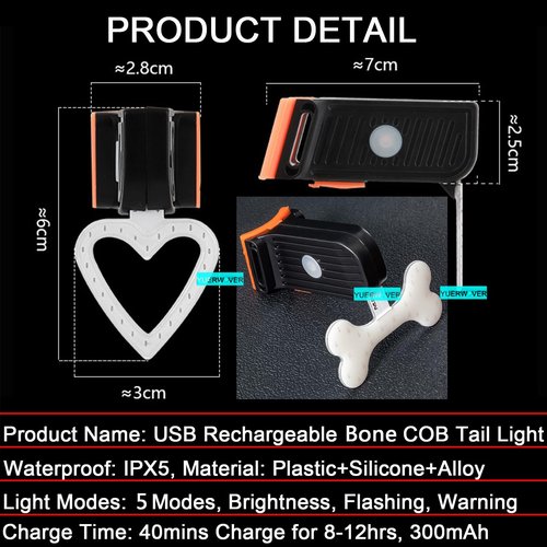 YUERWOVER Rechargeable Bike Tail Light LED Bicycle Rear Light Cycling Night Essential Bright Seat Back Safety Lamp Bone Shape 5 Modes Warning Waterproof Flash MTB Light for Men Women Kids(Bone)