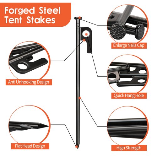 8 Pack 8in Heavy Duty Forged Steel Tent Stakes, with Storage Bag, for Camping