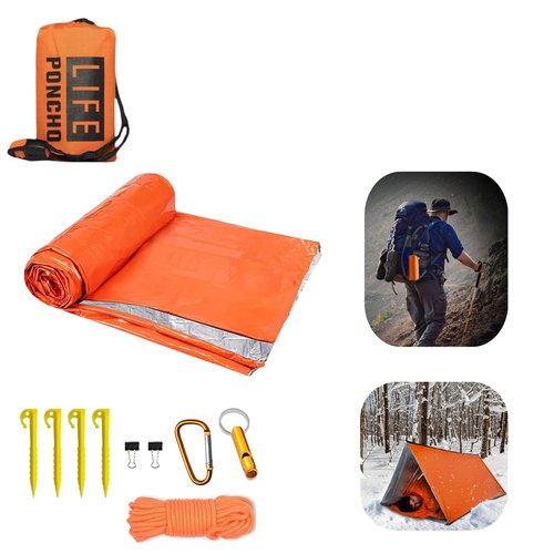 JUBSOSCAMP 1 PCS Emergency Tent, Polyester Film Storm Shelter Survival Shelter with Whistle Drawstring Bag for 2 Person Car Camping, Hiking&First Aid (Orange Suit)