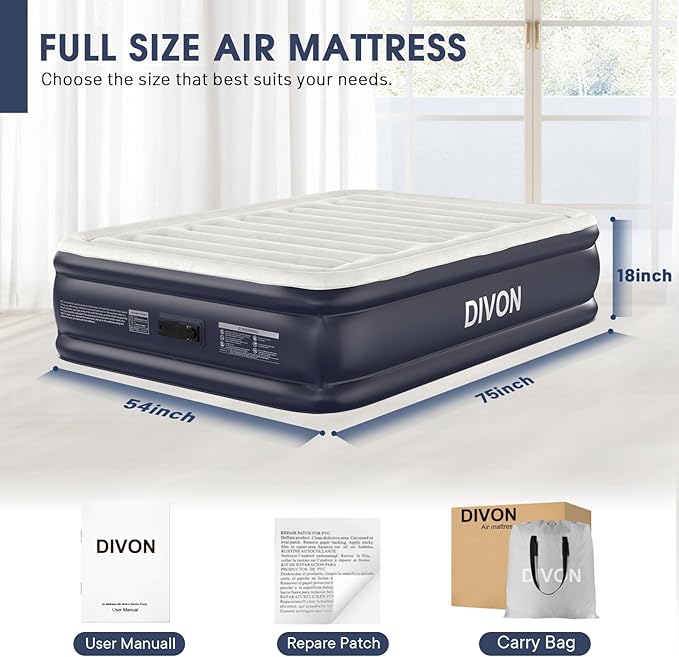 Air Mattress Full with Built in Pump,18''Raised Blow Up Mattress 2 Mins Self-Inflation/Deflation,Upgraded Thicker Inflatable Mattress,Air Bed with Storage Bag for Guests,Home,Camping,660 lbs Max