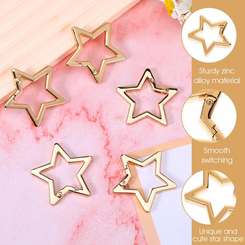 Yuanchu 5Pcs Silver Star Shaped Keychain Clip, Heavy Duty Carabiner Snap Hook Holder for Keys Zinc Alloy Star Carabiner Metal Key Ring Carabiner Clip for Camping Hiking Fishing (Gold)