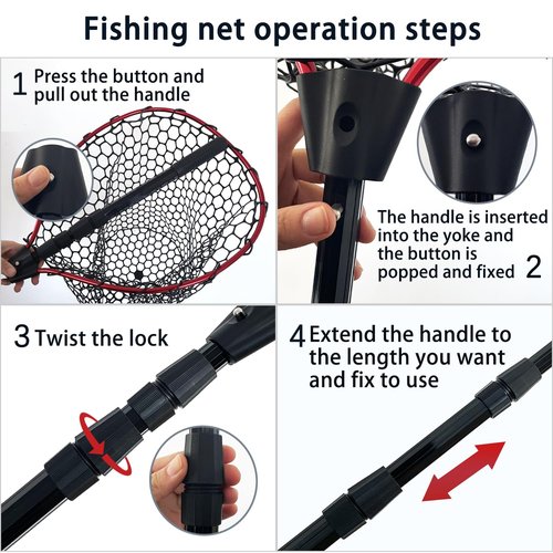 SEASPRO Red Telescoping Rubber Fishing Net Aluminum Alloy Fish Net - Adjustable Length Lightweight Foldable Large Fishing Net with Handle Collapsible Extendable Fishing Accessories