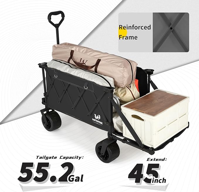Whitsunday Collapsible Wagon with Tailgate and Big Wheel,Heavy Duty Utility Folding Wagons for Beach Camping Outdoor Black