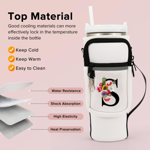 heweiautobsr 40 oz Initial Stanley Cup Holder with Adjustable Shoulder & Handheld Strap and Phone Pocket, Insulated Neoprene, White