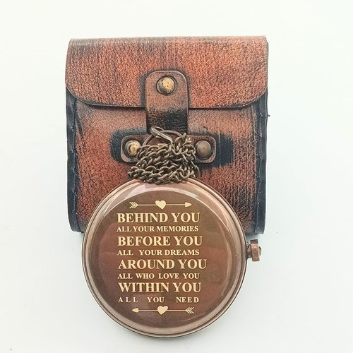 BEHINDE You Engraved Sundial Compass with Leather Case. Personalized Brass Pocket Compass Gifts for Men, Him, Son