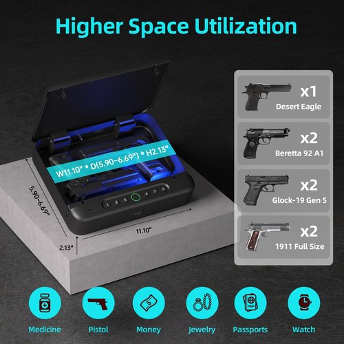 PINEWORLD Biometric Gun Safe For Handgun, 4 Quick-Access Unlock APP|Fingerprint|Passcode|Key with Voice Prompt,Pistol Locker For Nightstand/Office/Car, Remote Control