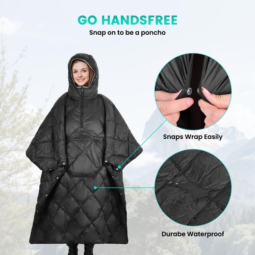 CPJCMP Wearable Camping Blanket Honcho Poncho - Stadium Blanket, Sleeping Bag for Adults, Packable Ultralight Warm & Waterproof for Cold Weather,Sports, Outdoor Camping, Hiking - Black