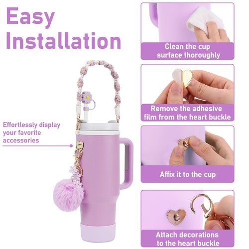 CTZENWAY 7Pcs Stanley Cup Accessories Set Including Siliocne Stanley Cup Boot, Siliocne Straw Topper Cover Cap, Water Bottle Handle Strap, Stanley Keychain Charms for 30oz&40oz Stanley Cup (Purple)