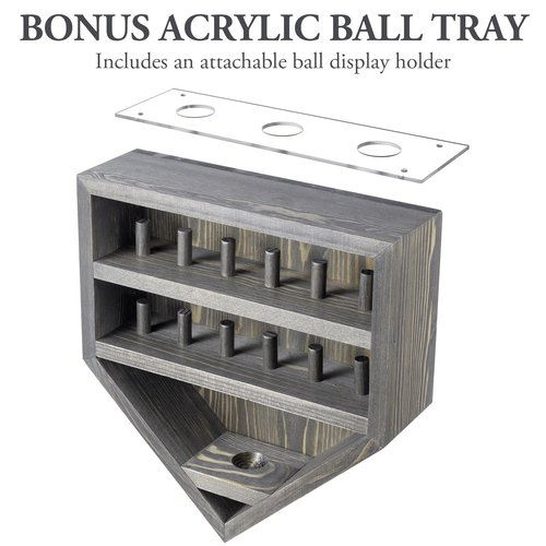 MyGift 12 Peg Wall Mounted Vintage Gray Solid Wood Baseball Diamond Championship Ring and Game Ball Display Case with Premium Clear Acrylic Stands for Baseballs