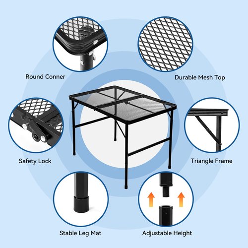 MOOTHLION Portable Camping Table with Wire Mesh Top for Outside, Height Adjustable Grill Table for Camping, Beach, Picnic and BBQ, Black