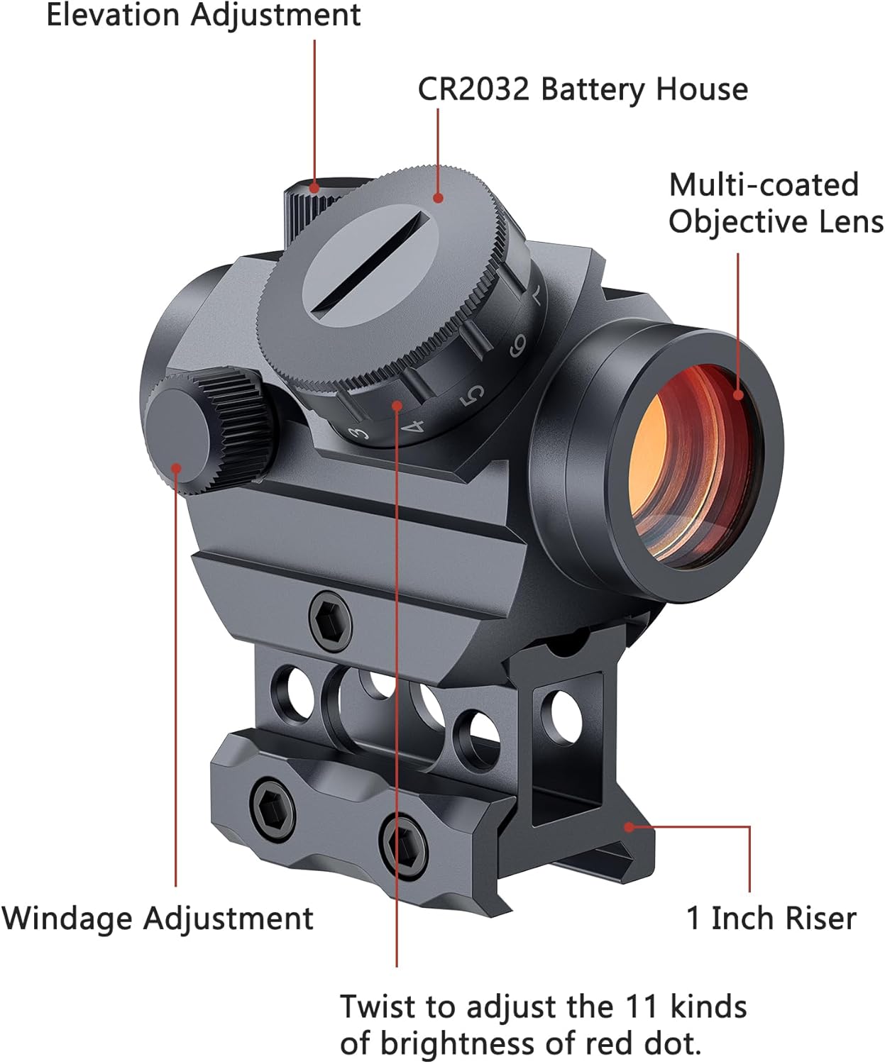 MidTen 2MOA Red Dot Sight 1x25mm Reflex Sight Waterproof & Shockproof & Fog-Proof Red Dot Scope with 1 inch Riser Mount