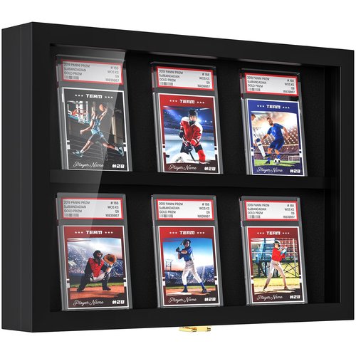 TJ.MOREE Card Display Case Baseball Card Display Case 6 Graded Sport Card Display Case Wall Mount for Baseball Football Basketball Hockey Trading Card Collection, Black
