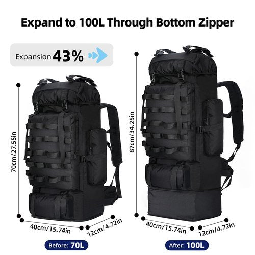 LibSkyln 70L/100L Camping Hiking Backpack with Rain Cover, Expandable Large Military Tactical Backpack, Waterproof Molle Racksack Travel Backpacking Daypack for Climbing Trekking (Black)