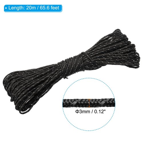 PATIKIL 65 Feet Reflective Guyline Camping Paracord, 3mm Tent Cord Guyline Rope Nylon Paracord Rope for Camping Tent Tarp Hiking Black (20M)
