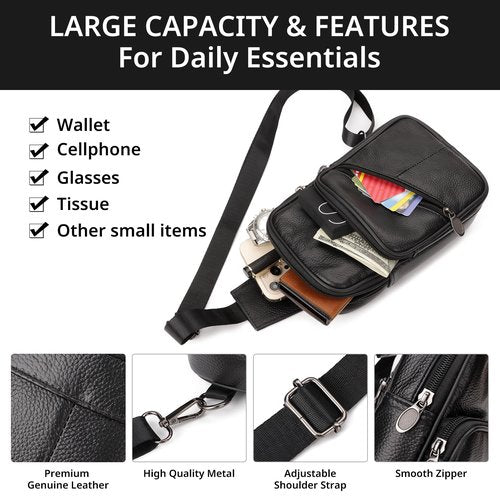 Furoching Daily Sling Bag for Men and Women, Small Leather Crossbody Chest Bag with Adjustable Straps, Lightweight Casual Backpack for Traveling Hiking