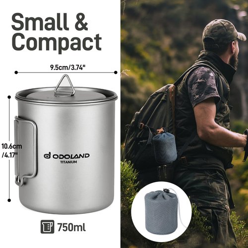 Odoland Titanium Camping Cookware 750ML Titanium Pot with Lid and Spork Lightweight Camping Pot for Backpacking Hiking Traveling and Picnic