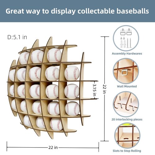 Baseball Display Cases for Balls, Signed Baseball Display Case, Rack for Collectors Baseballs, Baseball Display Case Wall Mount, 22*22inch, Spherical Design Feels Modern