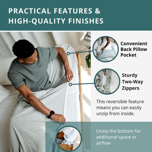 Soft Cotton Sleeping Bag Liner – 100% Organic Jersey Cotton Travel Sheet with Full Zipper, Lightweight Camping Sheet for Hotel & Travel, Single or Double Convertible Stretchy Sleep Sack for Adults