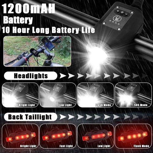 Abnaok Bike Light with Horn,USB Rechargeable Bike Light Set 120dB Powerful Bicycle Front Headlight and Back Taillight, 4 Light Modes, 6 Sound Modes,Easy to Install for Road Mountain Cycling
