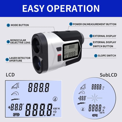 Golf Rangefinder 1200Yds – Rechargeable Laser Distance Finder with Flag Lock, Slope Mode, Side LCD, 6X Magnification, USB-C, for Yardage & Club Selection
