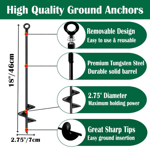 18 inch Ground Anchors Srew in Heavy Duty, Earth Shed Anchor Kit, Trampoline Stake Hook for Dirt, Swing Sets, Playset, Tent, Canopy, Carport, Hurricane, Mobile Home Tie Down, 4pcs