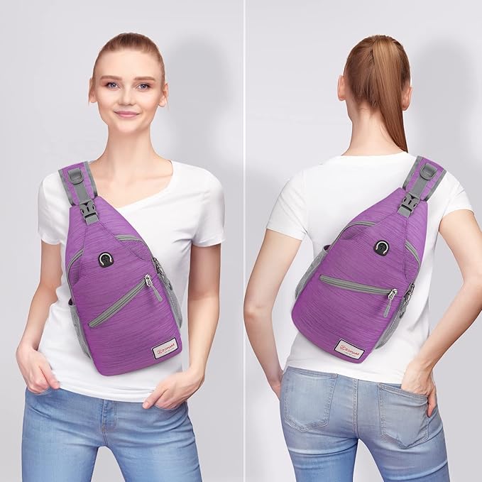 ZOMAKE Sling Bag for Women Men, Small Crossbody Sling Backpack, Mini Water Resistant Shoulder Daypack for Travel, Anti Thief Chest Bag for Hiking, Sports, Purple(Stripe)