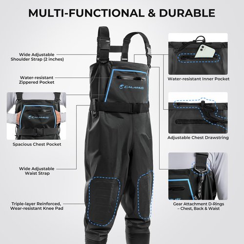 Calamus WaveWalker Fishing Waders for Men & Women, 100% Waterproof PVC Chest Waders with Slip-Resistant Boots, Tear-Resistant Nylon, Ample Storage, Wader Hanger, Black, M10/W12