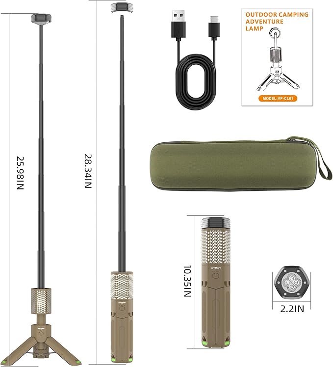 Camping Light Telescopic Camp Lantern Rechargeable 10500mAh Battery Built-in Magnetic Camping Lamp for Emergency, Hiking (Khaki)