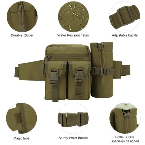 DOB SECHS Hiking Waist Bag with Detachable Water Bottle Holder and Adjustable Waist Belt Oxford Fanny Pack for Men Women Causal Belt Bag for Travel Outdoor Fishing Running Hiking Hunting,Khaki