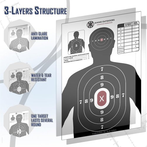 KNINE OUTDOORS Shooting Targets Paper, 17x25 inch, Bulk for Hunting, Handguns, Pistols, Rifles, Silhouette with Red Bullseye, Black Design (25 Pack)