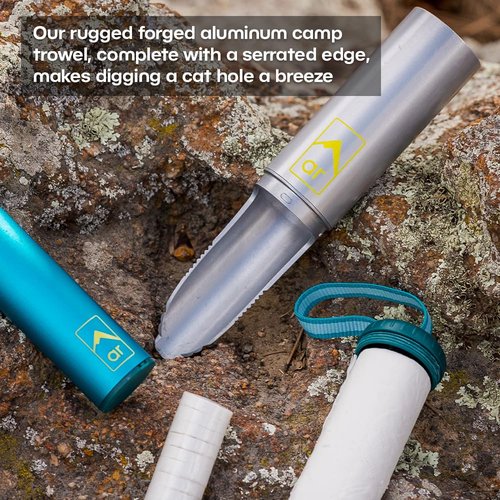 Adventure Ready Backpacking Trowel Toilet Kit - Includes Aluminum Camping Shovel, Toilet Paper, Packout Bags, Soap Flakes & Compressed Towelettes