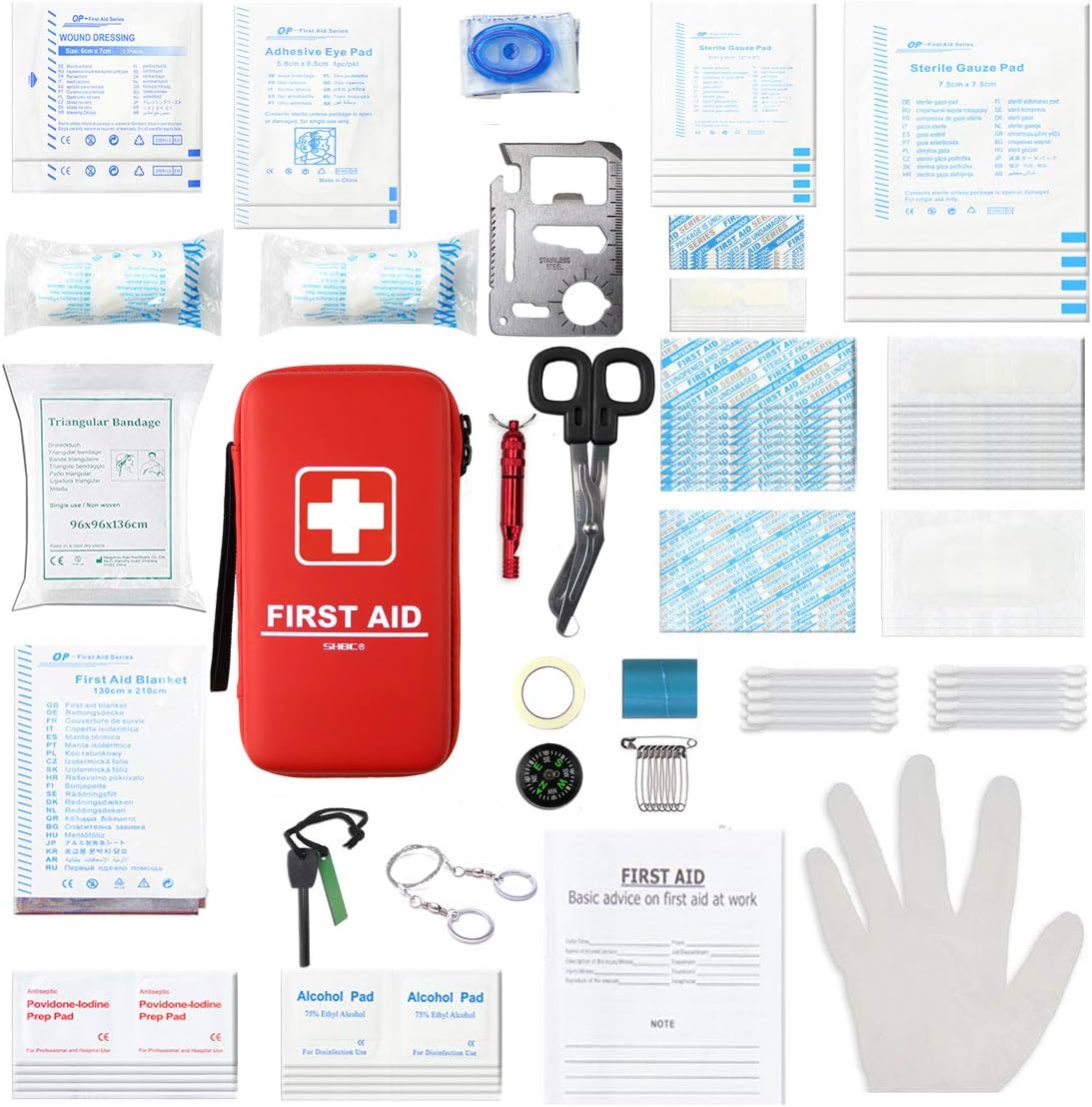 SHBC Compact First Aid Kit (139 Piece) Adventure Medical Kits Waterproof- Includes Emergency Blanket, Fire Starter, Compass, Wire Saw for Survival, Home, Car, Camping, Hiking, Hunting, Sport